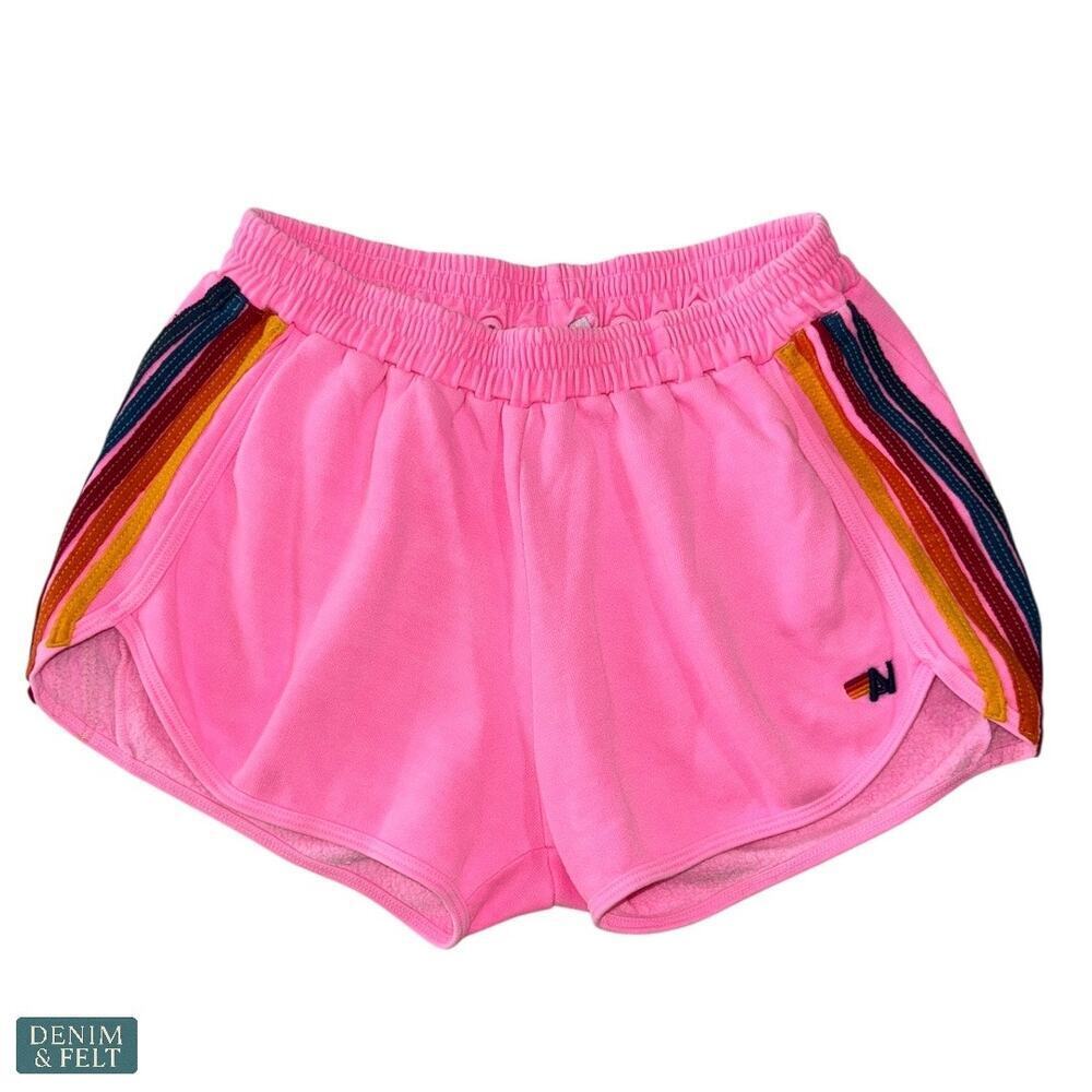 Aviator Nation Pink 5 Stripe Classic Sweat Shorts Neon Rainbow Soft Lounge XL - Picture 6 of 14